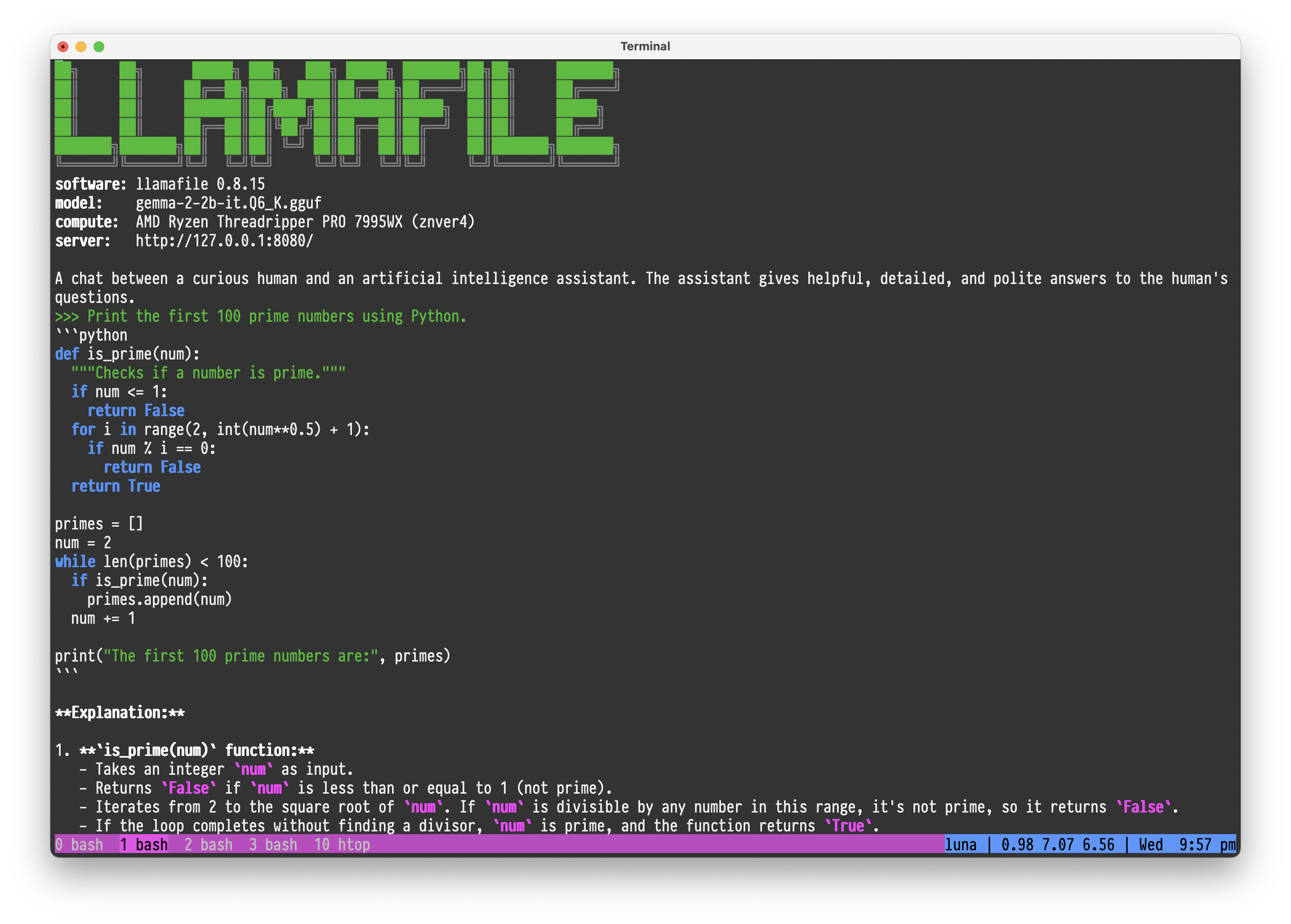 Screenshot of Gemma 2b llamafile on MacOS